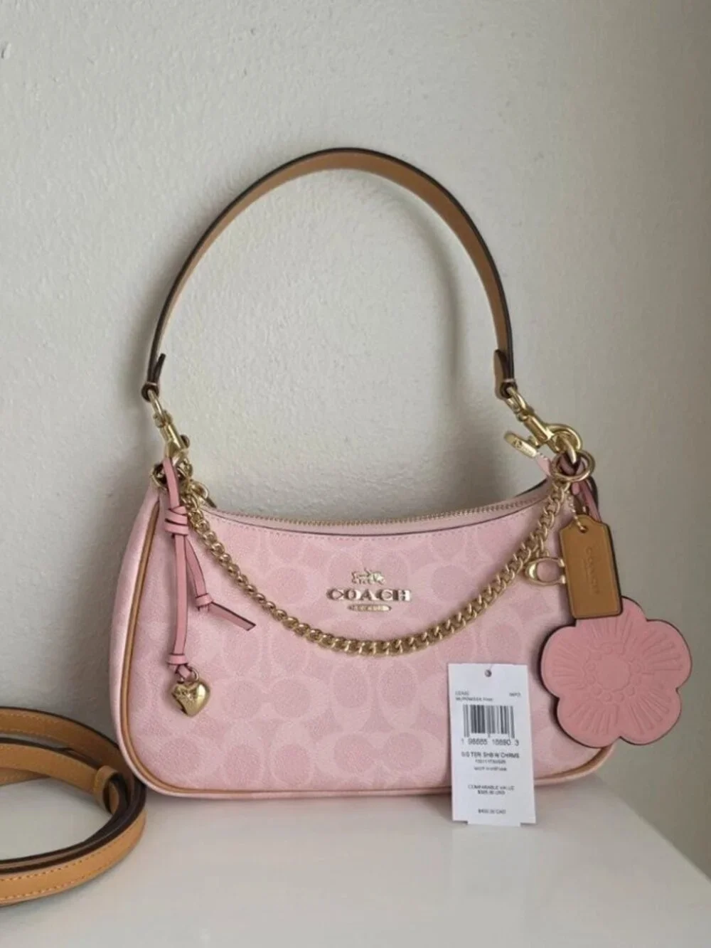 Coach Teri Shoulder Bag Signature Canvas With Charms Gold/Powder Pink CEA20 - Picture 1 of 6